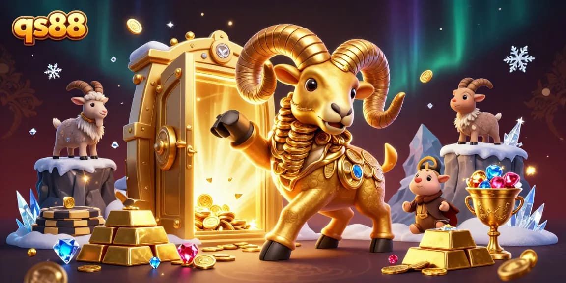 Experience the thrill of qs88 with a golden ram charging through treasure at an online casino.
