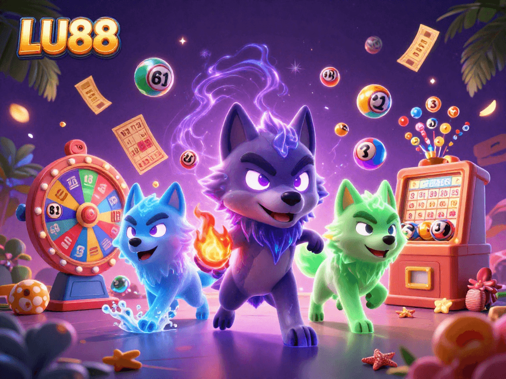 LU88 brings exciting casino adventures with dynamic games and vibrant lottery elements in this illustration.