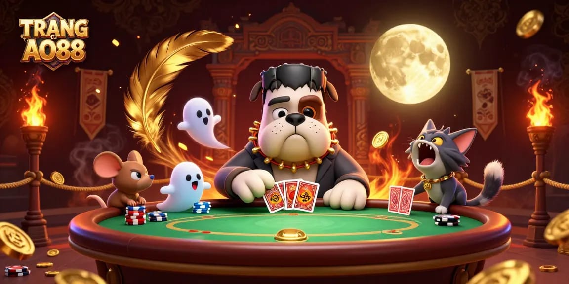 Experience thrilling gameplay at TRANG CHỦ AO88 with a lively poker scene featuring unique characters and dynamic action.