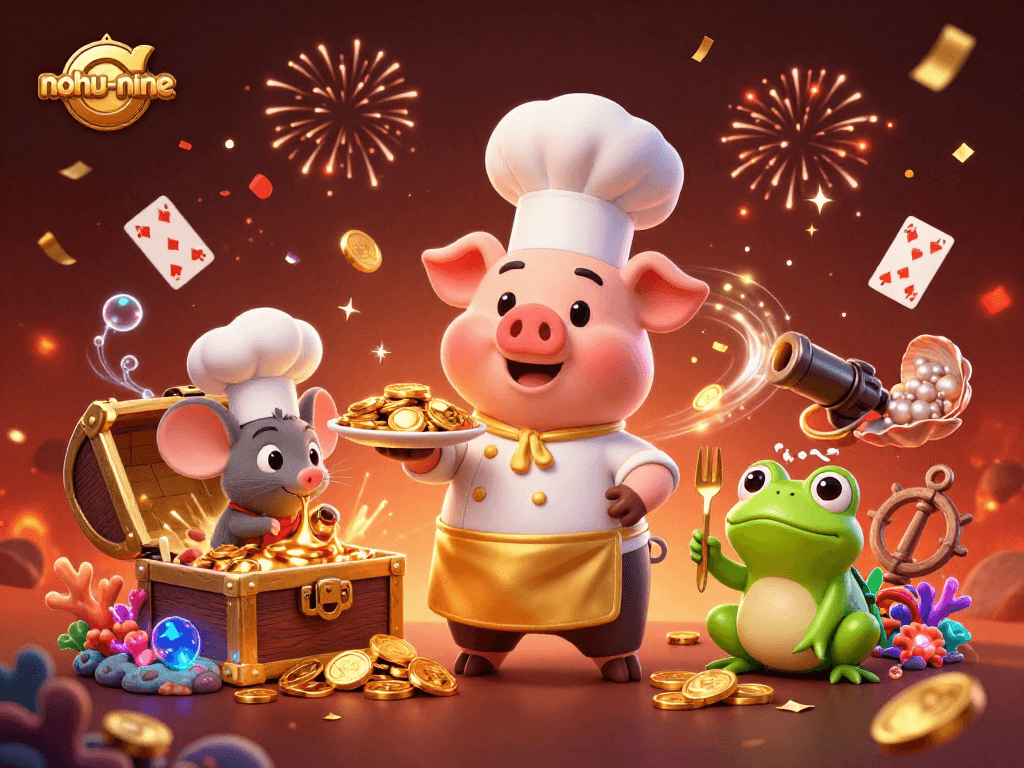 Experience the thrilling world of nohu-nine as chef pig serves gold coins in a vibrant casino scene.