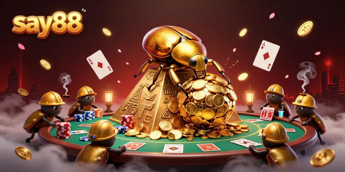Experience say88 with a vibrant scene of a golden dung beetle amidst poker elements and casino excitement.