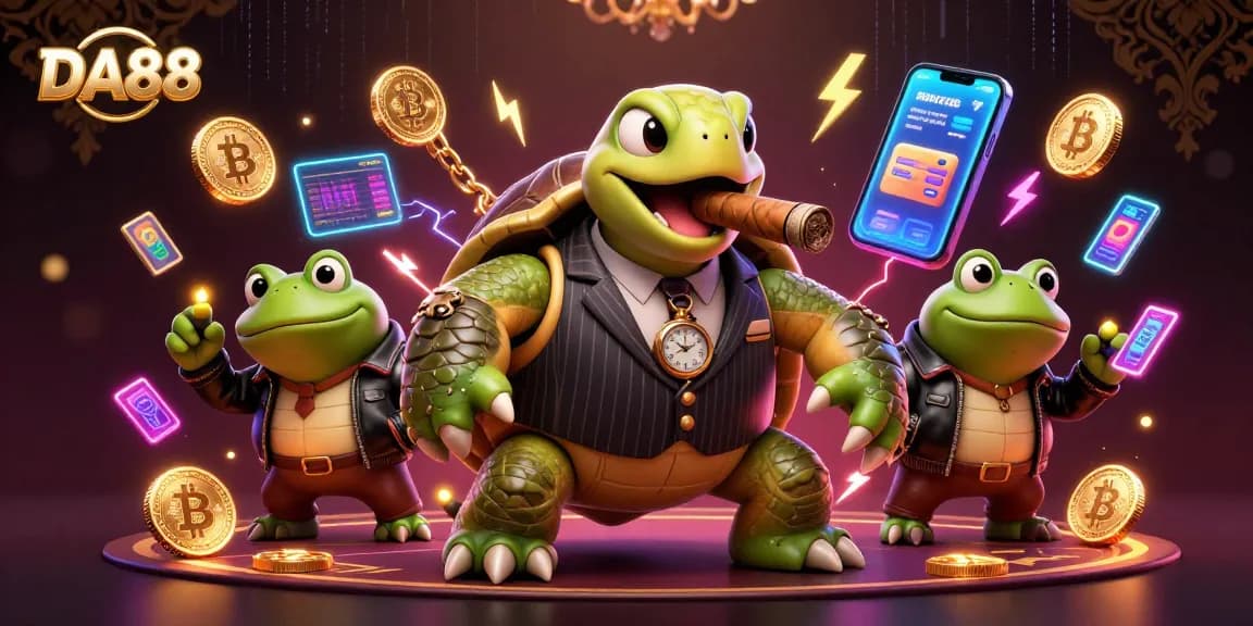 Experience DA88 in an energetic casino scene with cartoon characters, Bitcoin, and neon elements.