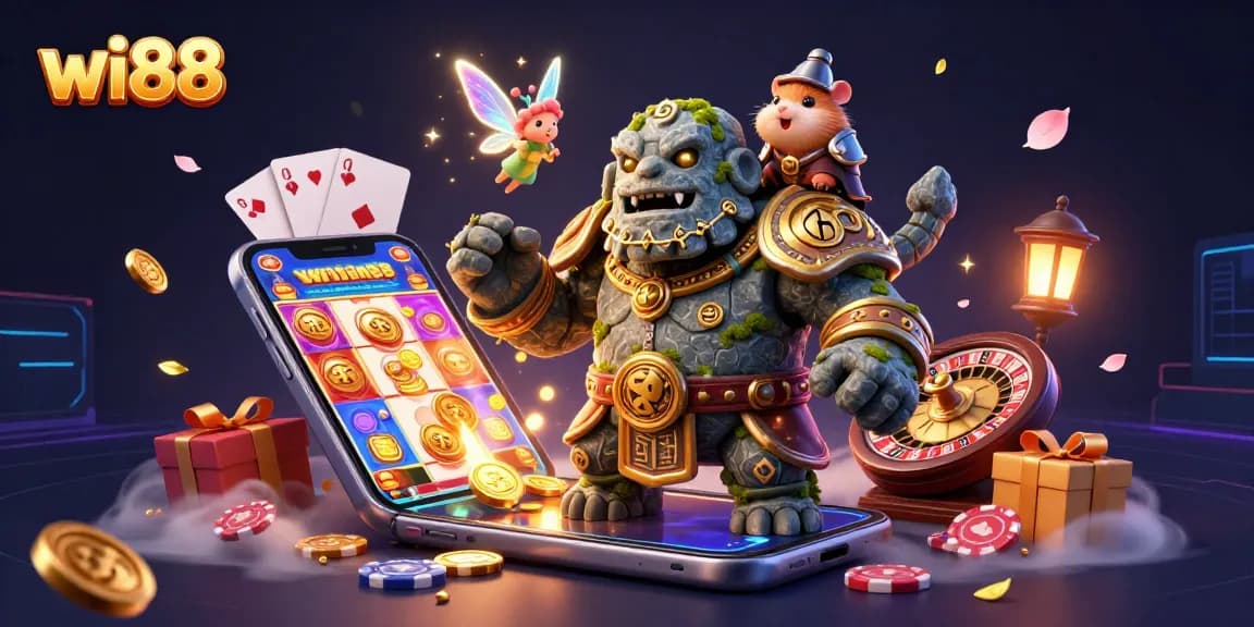 Experience the magic of wi88 with a whimsical 3D scene featuring a golem, fairy, and hamster knight amidst vibrant casino elements.