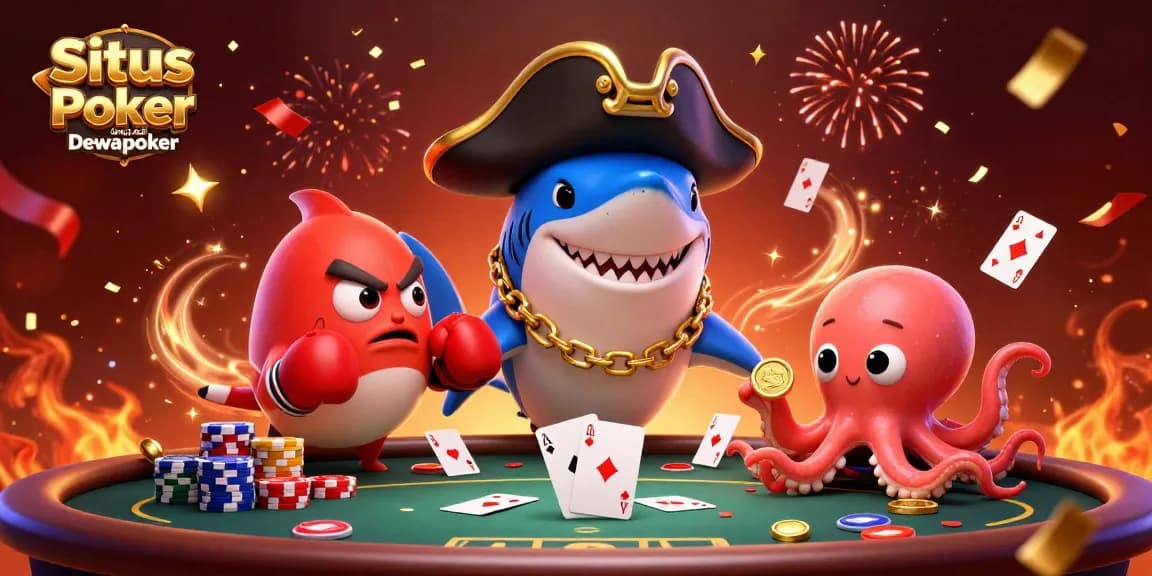 Play Situs Poker Uang Asli Dewapoker with excitement, featuring vibrant 3D poker-themed characters and elements.