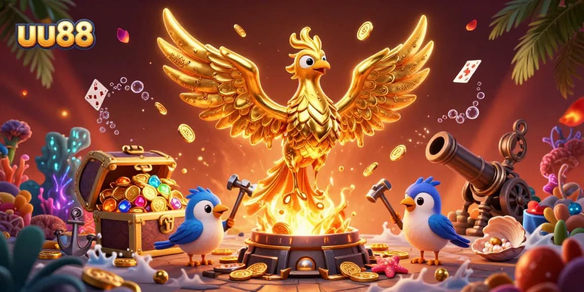 Experience the thrilling world of uu88 with golden phoenix, coins, and vibrant casino elements.