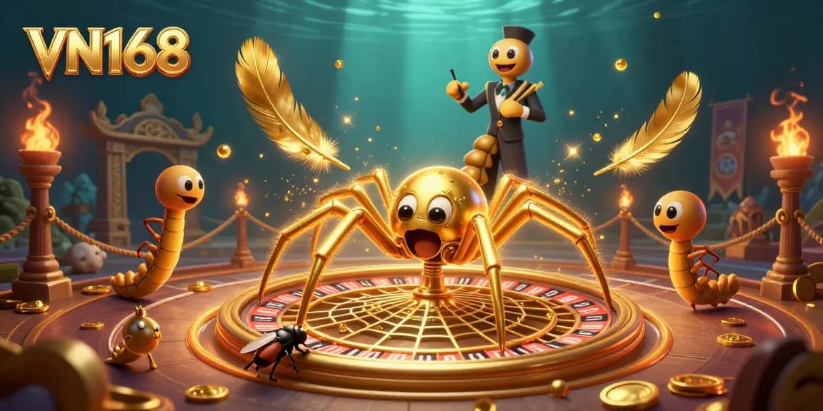 Experience thrilling gameplay with VN168's golden spider in a dynamic casino scene.