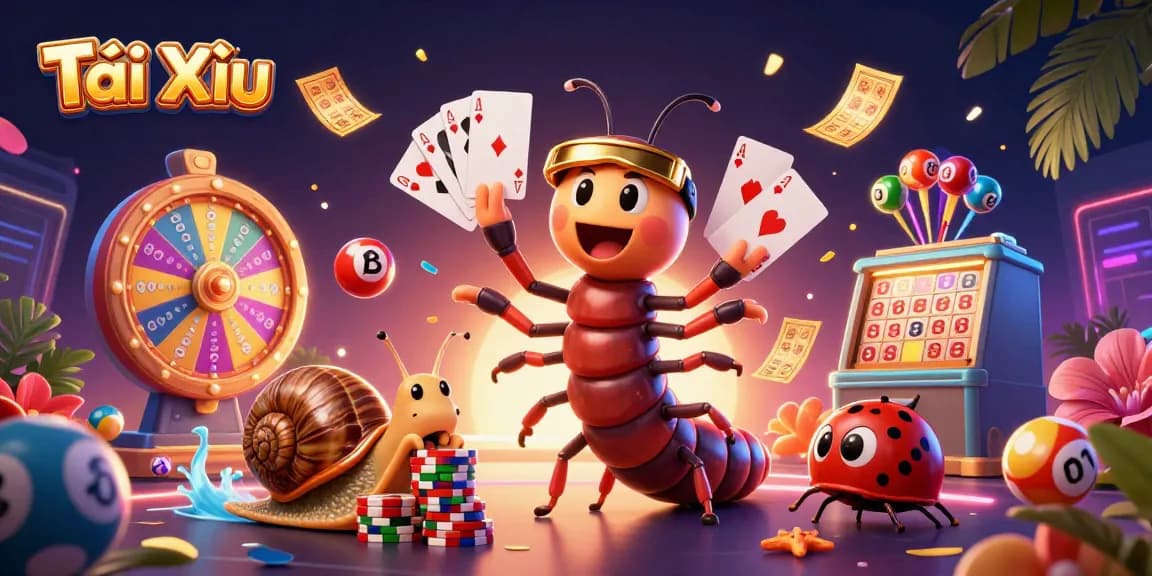 Tài Xỉu game comes alive with a dynamic dealer and high-rolling snail amidst colorful elements.