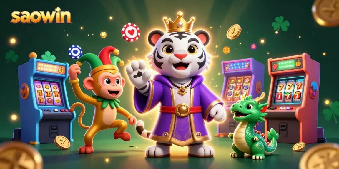 Experience thrilling moments at Saowin's casino with a cartoon tiger, playful monkey, and dynamic game elements.