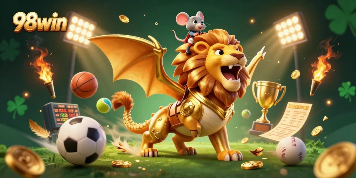 Engage in thrilling betting experiences with 98win's dynamic casino scene featuring golden chimera and sports elements.