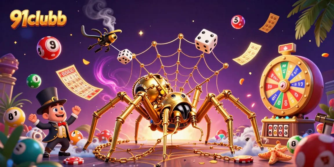 Engage with 91clubb as a golden spider catches dice in a vibrant casino-themed scene.