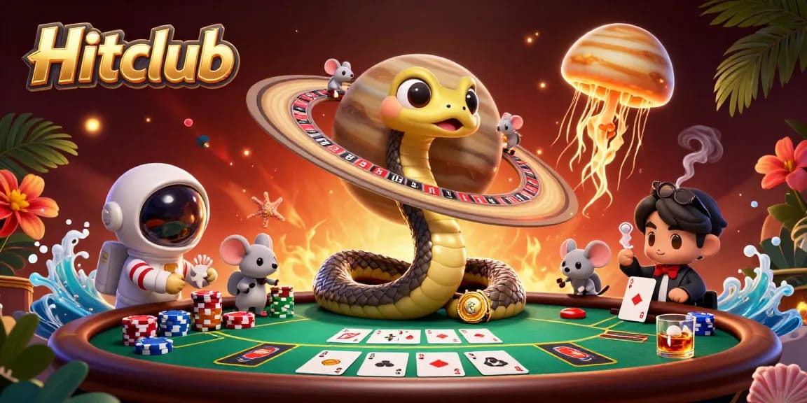 Bet on Hitclub as little astronaut mice play around a cosmic roulette wheel in an enchanting casino scene.