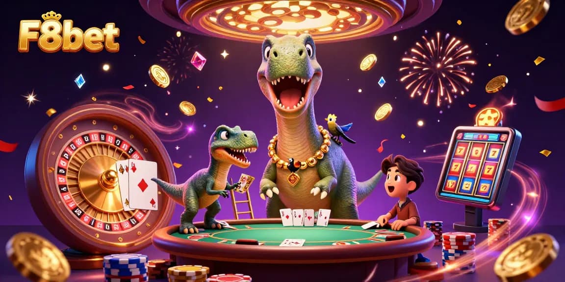 Engage in thrilling gameplay with F8bet, featuring a vibrant casino scene filled with excitement and winning elements.