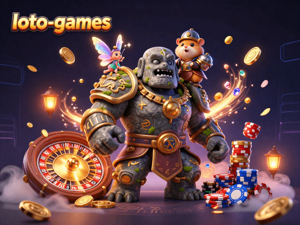 Engage with loto-games featuring a magical golem, fairy, and hamster knight amid casino excitement.