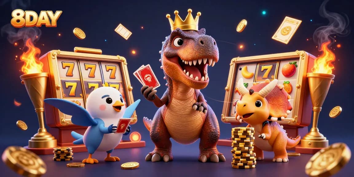 8DAY captures a playful T-Rex and friends enjoying a slot machine experience with vibrant casino elements.