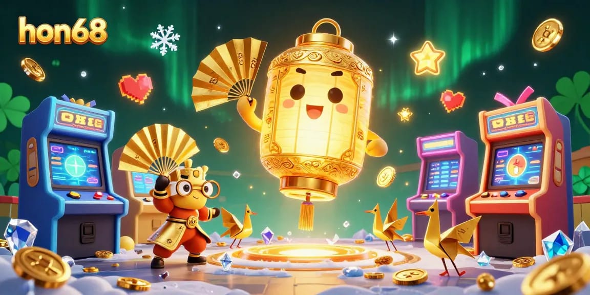 Experience captivating gameplay at hon68 with a luminous golden lantern spirit guiding players in a vibrant casino atmosphere.