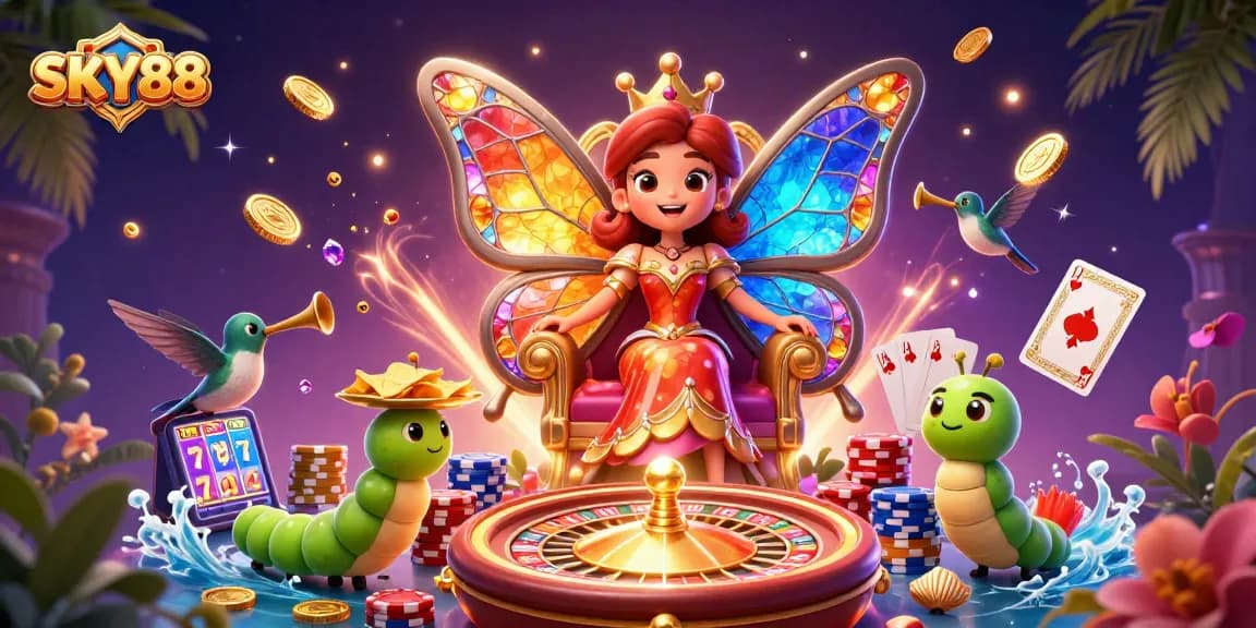 Engage with SKY88's thrilling games, featuring vibrant casino elements in an animated scene.
