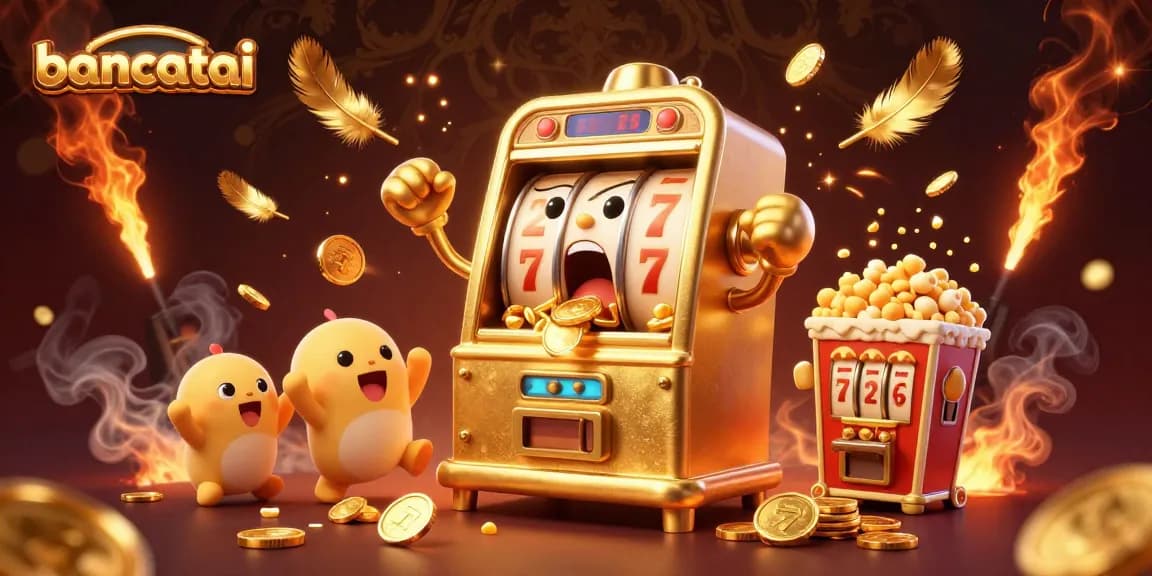 Experience excitement at bancatai with a stunning 3D illustration of a jackpot-winning slot machine.