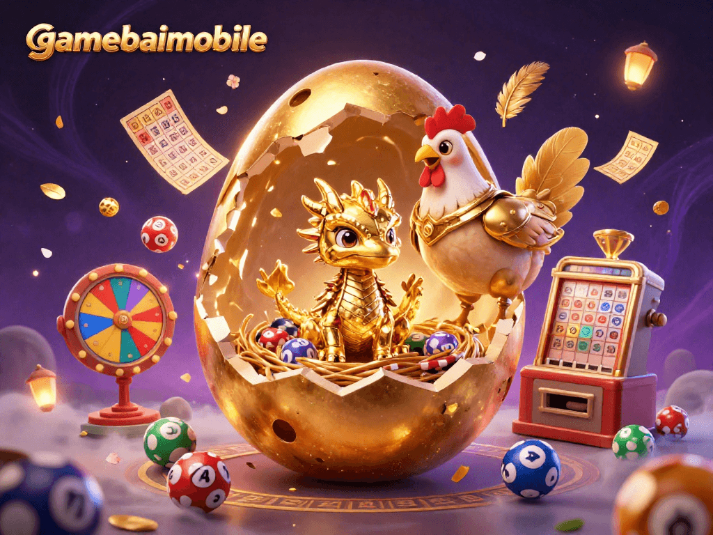 Experience the thrill of winning at gamebaimobile with a baby dragon and golden poker chips in a vibrant casino scene.