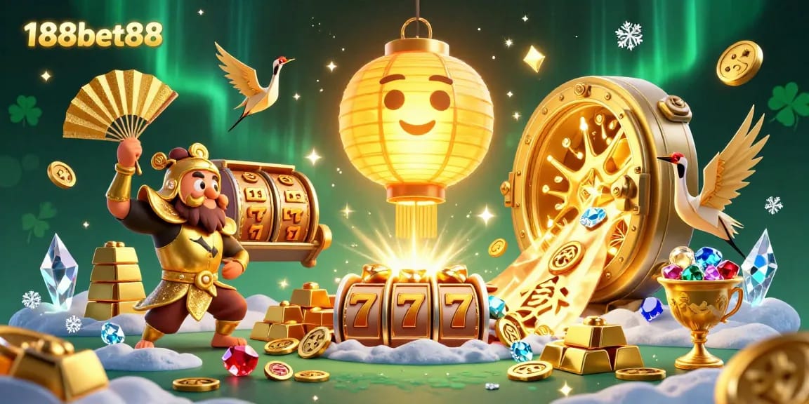 Experience 188bet88's vibrant casino atmosphere with magical golden lanterns and lively game elements.