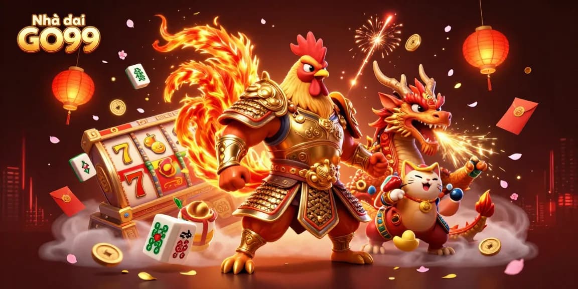 Play slots at Nhà cái GO99 with dynamic visuals of rooster warriors and dragons.