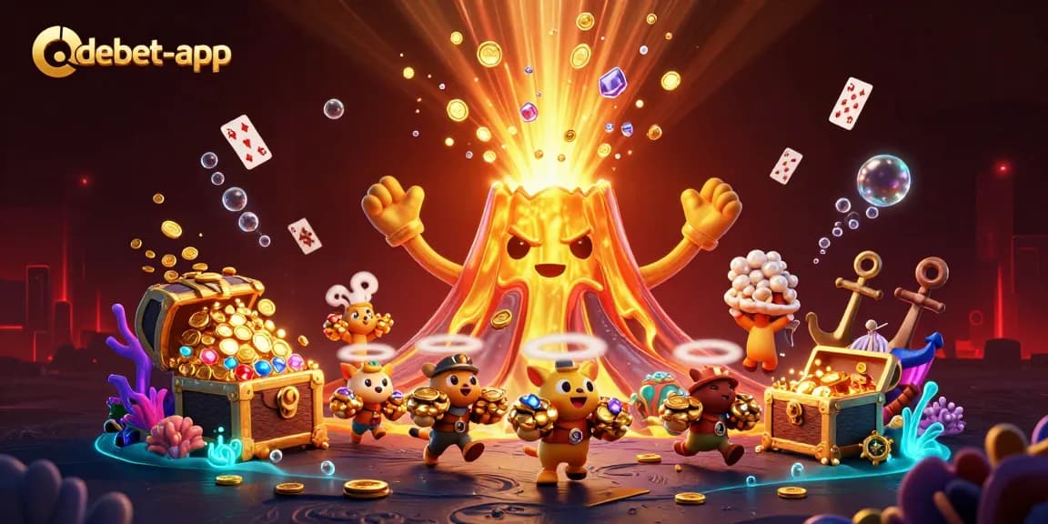 Experience the excitement of debet-app with a vibrant volcanic treasure scene filled with gems and coins.