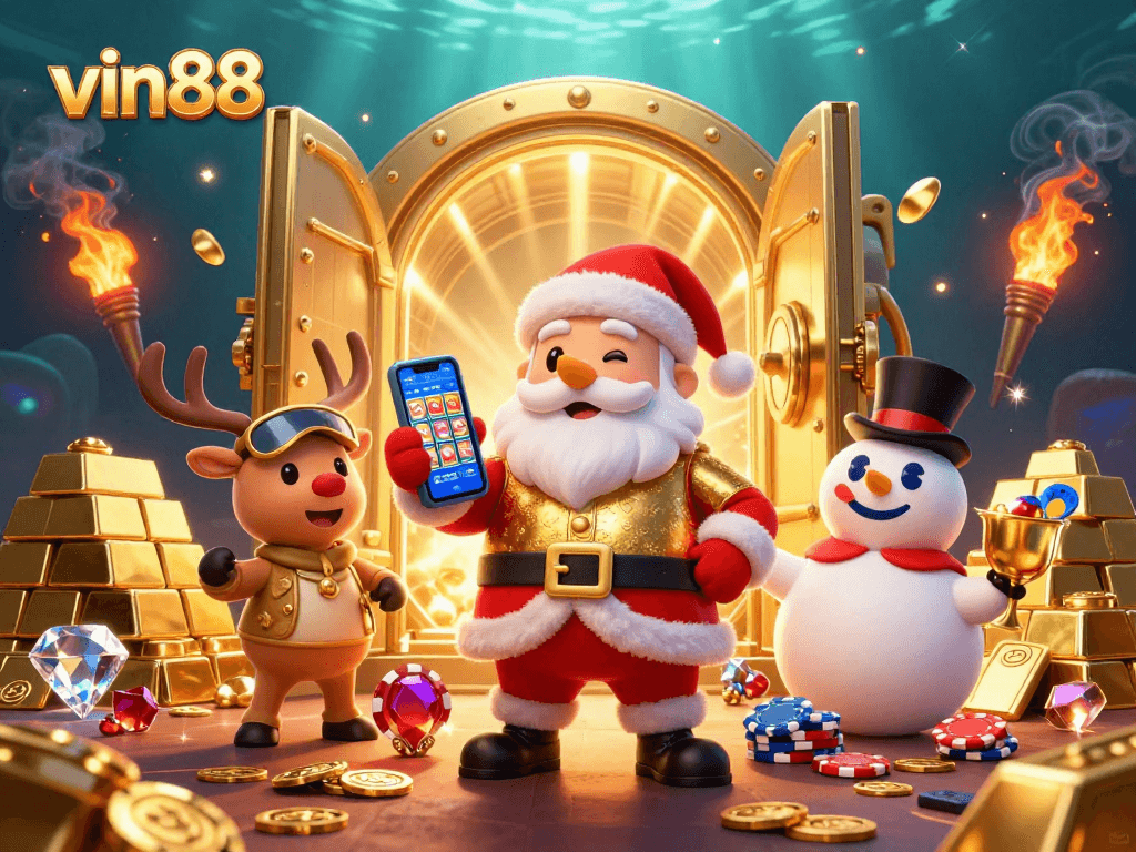 Spin to win with vin88 in this vibrant casino-themed illustration featuring festive characters.