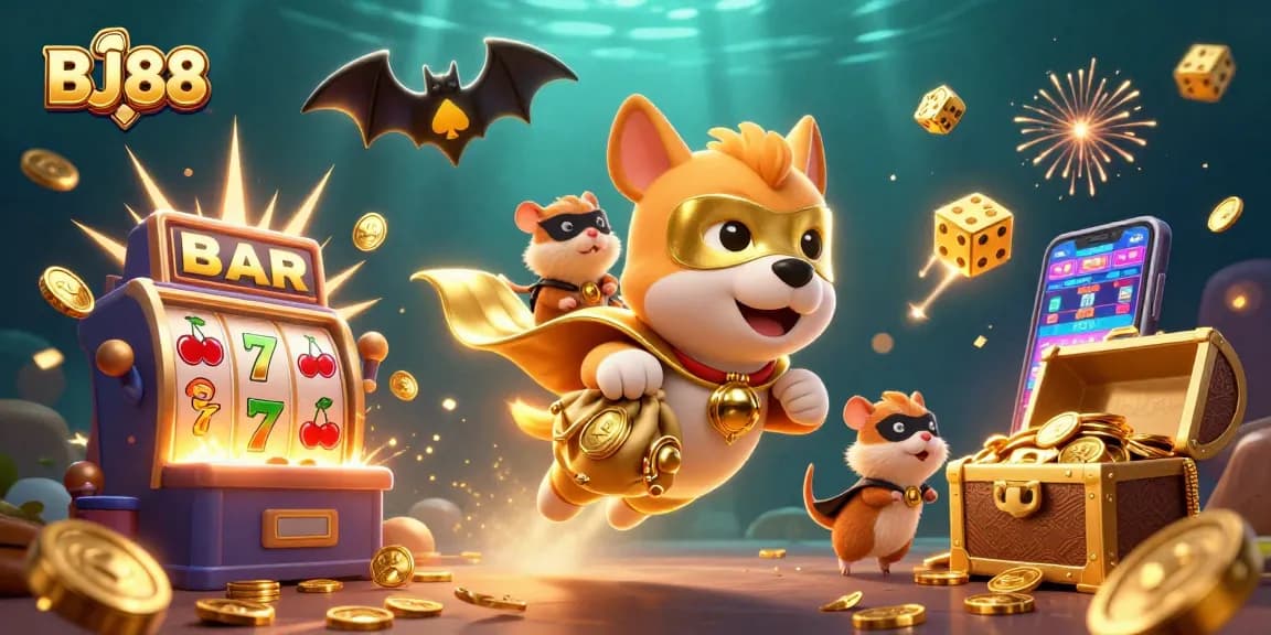 Experience the thrill of BJ88 with a superhero dog and hamster celebrating a jackpot!