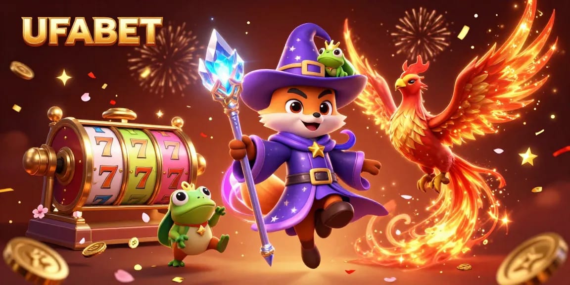 Spin the reels of UFABET, featuring a mystical wizard fox and a fiery phoenix in a vibrant casino scene.
