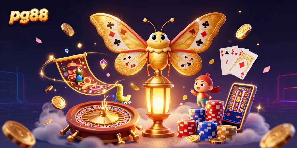 Join the excitement at pg88 with an enchanting scene of a moth amidst cascading coins and casino treasures.