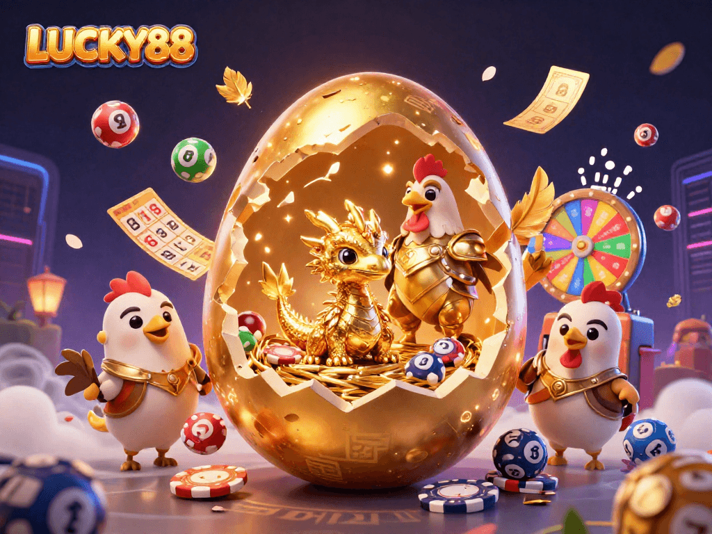 Engage with LUCKY88 through this vibrant illustration featuring a golden dragon and gambling elements.