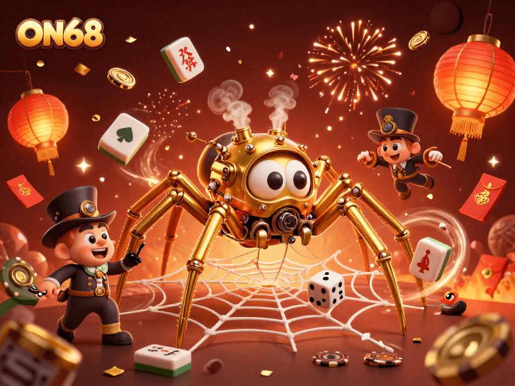 Engage with ON68's thrilling games as a steampunk spider weaves golden webs of opportunity.