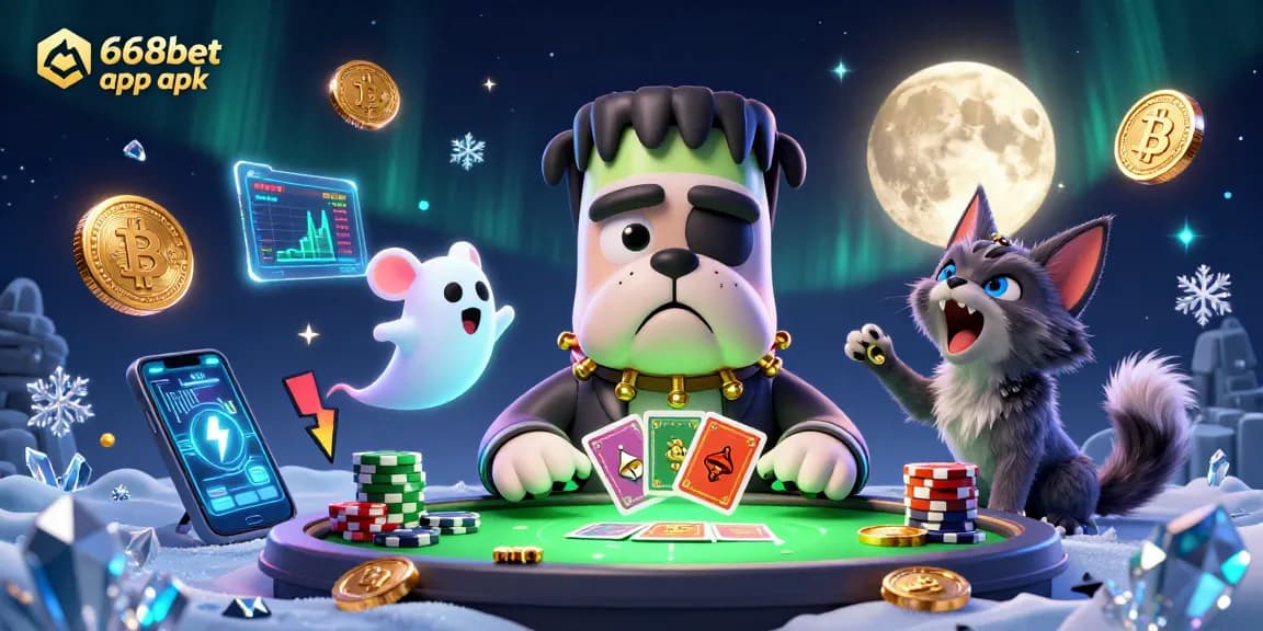 Engage with the 668bet app apk in a vibrant casino scene featuring whimsical characters like a Frankenstein bulldog and a ghost mouse.