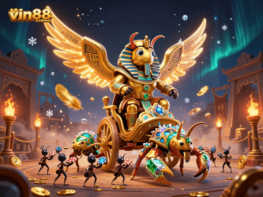 Experience the thrill of vin88-casino with a golden scarab beetle in a vibrant casino scene.