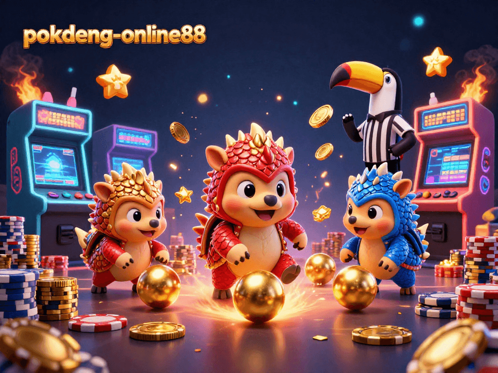 Rival pangolins playfully engage in Pok Deng at pokdeng-online88, surrounded by vibrant casino elements.