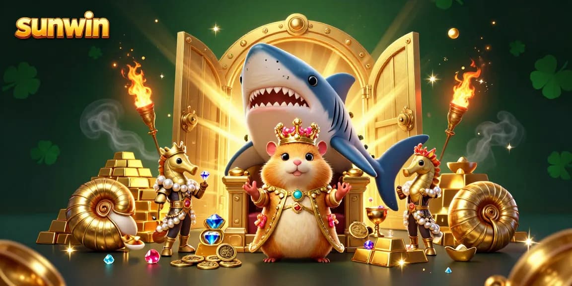 Engage with sunwin's vibrant casino world featuring a golden hamster king on a megalodon throne.