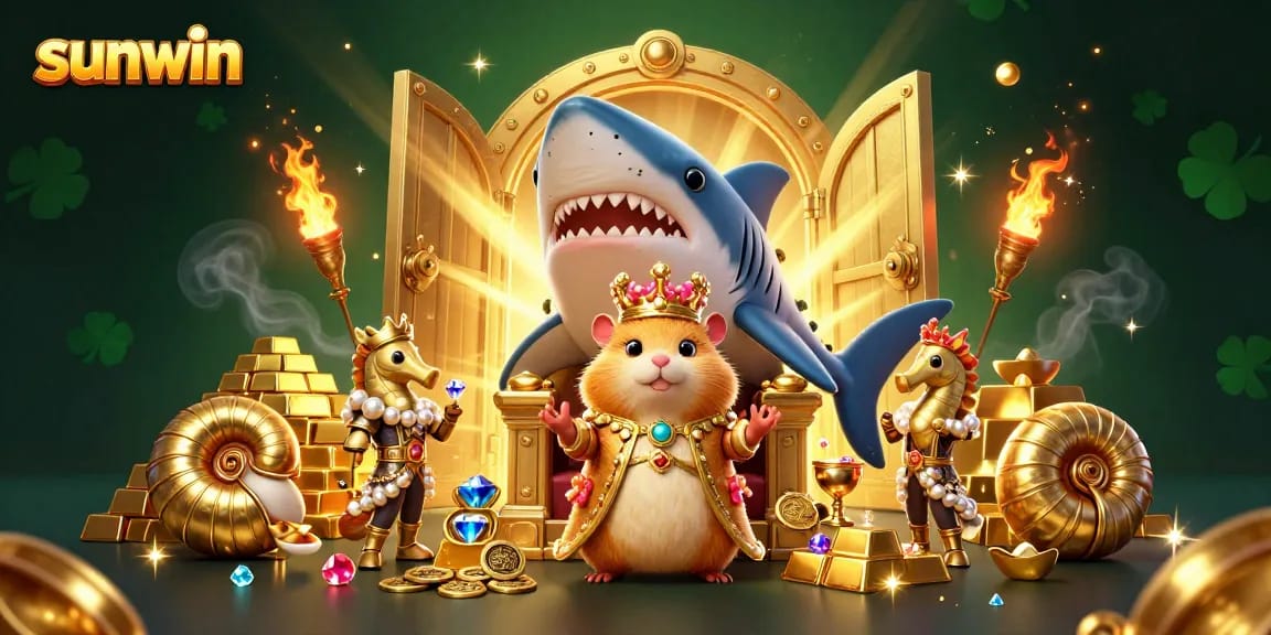 Engage with sunwin's vibrant casino world featuring a golden hamster king on a megalodon throne.