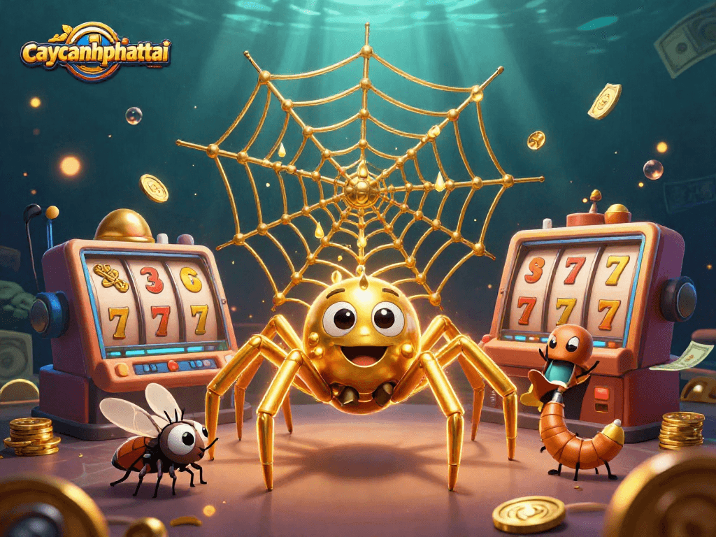 Win big with caycanhphattai as the golden spider spins a thrilling slot machine web.