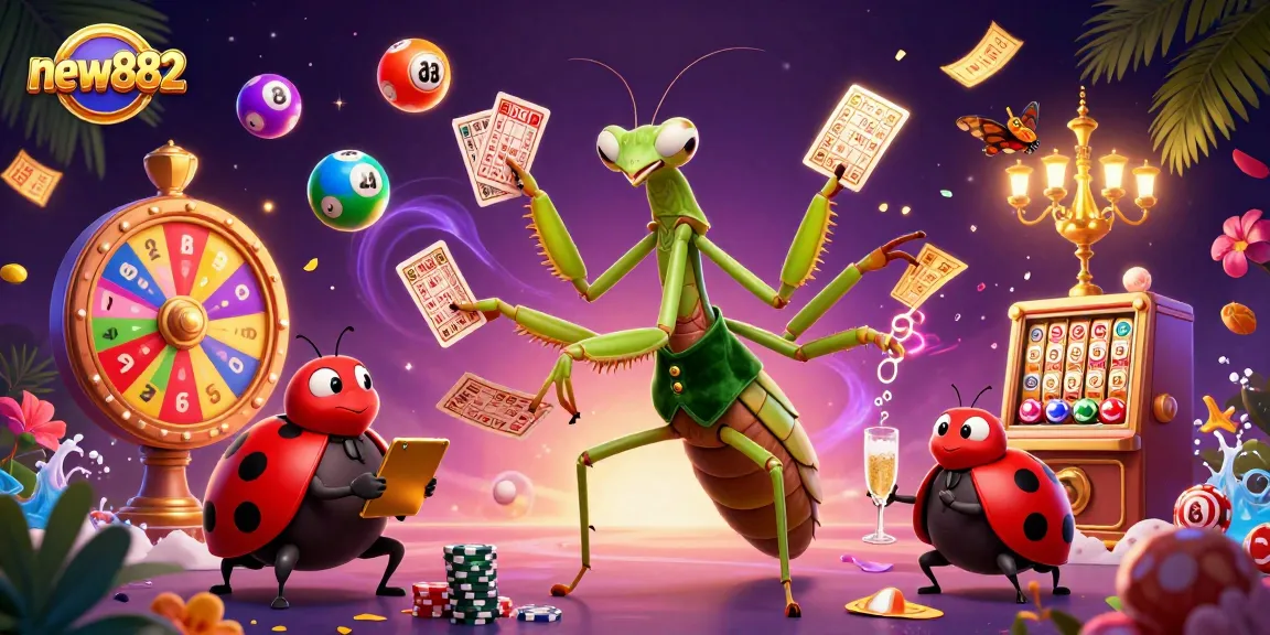 Play thrilling games at new882 with exciting characters like a card sharp and pit boss surrounded by colorful lottery balls.