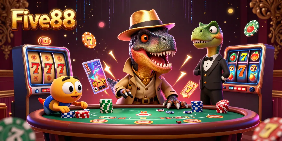 Five88 casino scene with a velociraptor card counter and dynamic slot game elements.