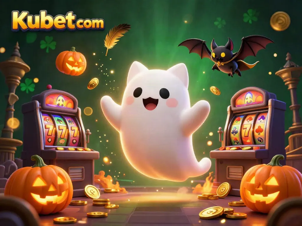 Experience the excitement at Kubet com with a ghost cat, bat companion, and slot machines in a vibrant casino.