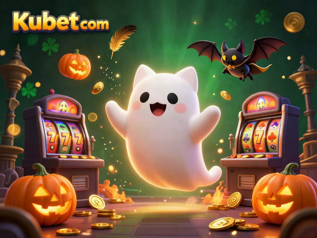 Experience the excitement at Kubet com with a ghost cat, bat companion, and slot machines in a vibrant casino.