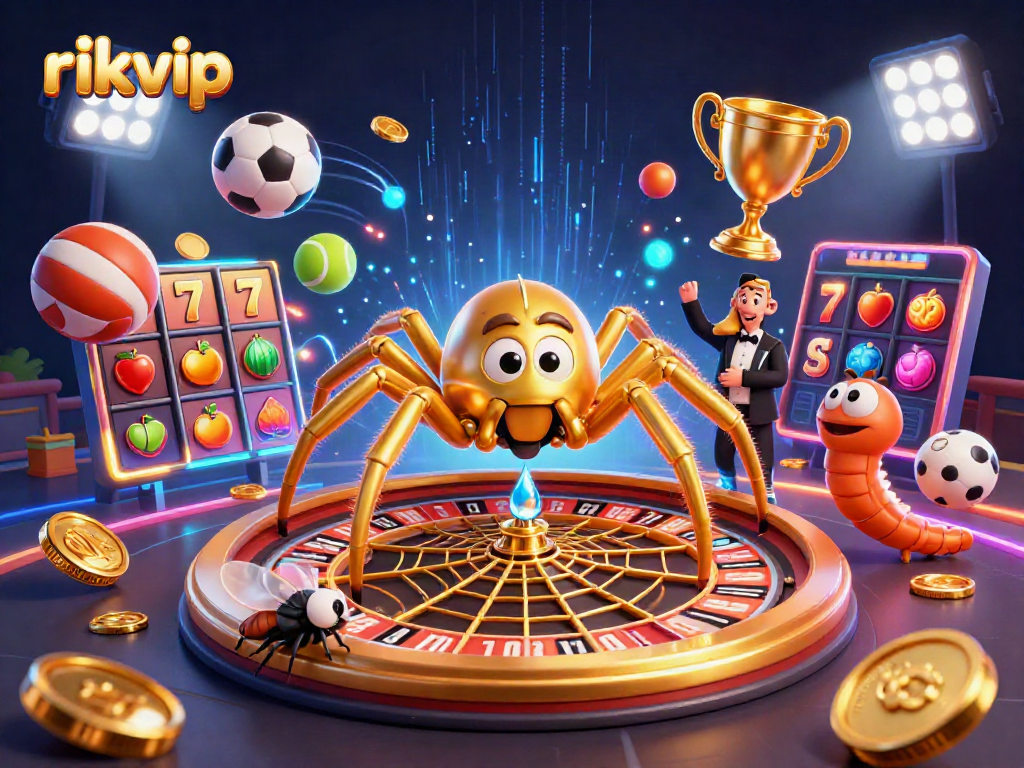 Place your bets on rikvip while a golden spider spins a roulette wheel of chances.