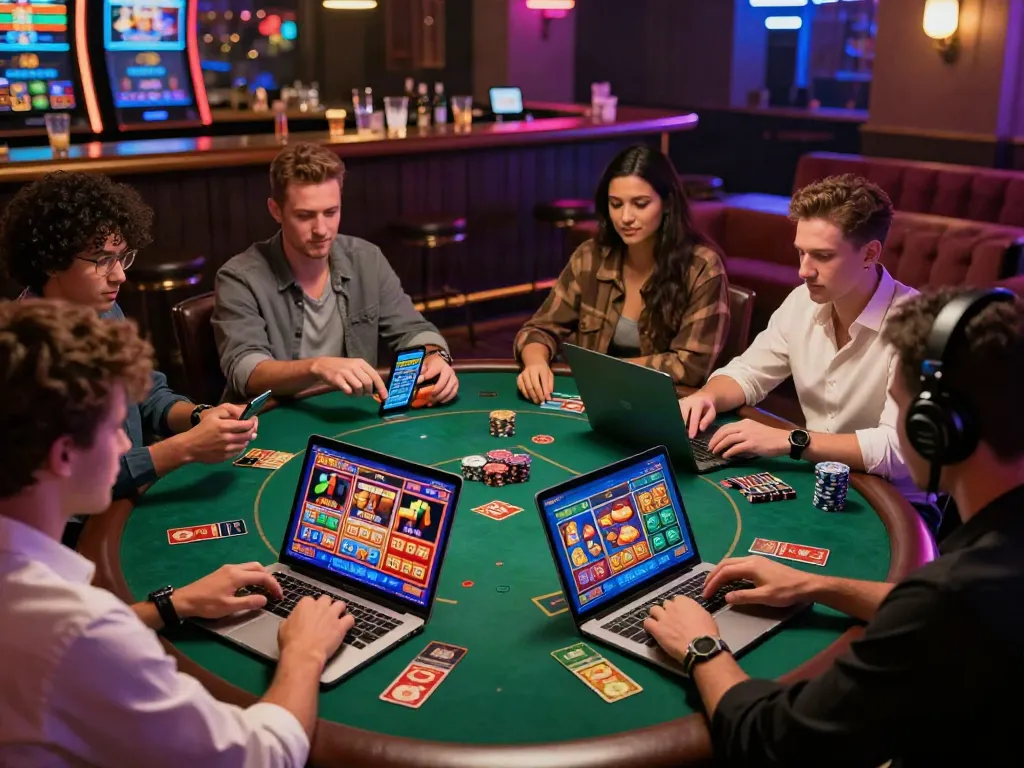 Engaged players enjoying games at a credit card casino online with vibrant graphics and modern ambiance.
