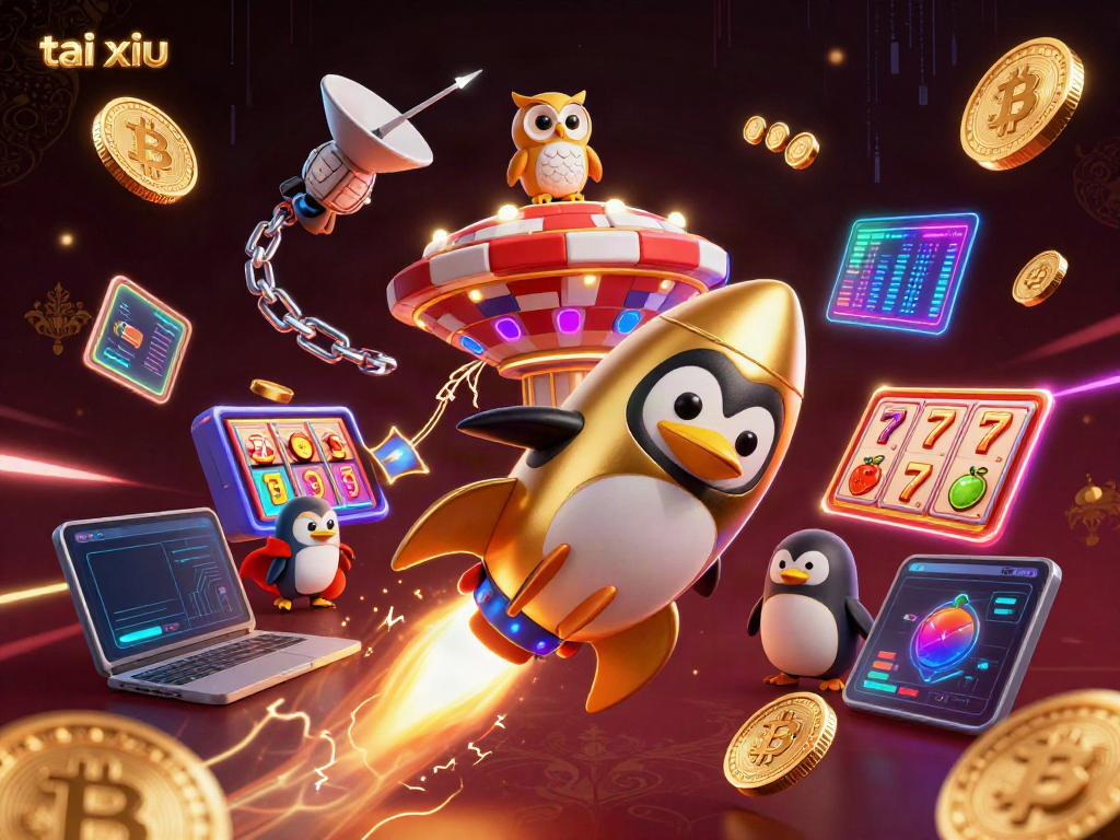 Experience the thrills of tai xiu with a golden penguin and vibrant casino elements in this stunning illustration.