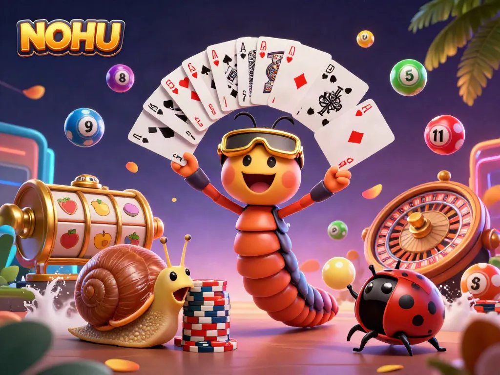 Experience the thrill of NOHU with a dynamic 3D scene showcasing vibrant casino games and characters in action.