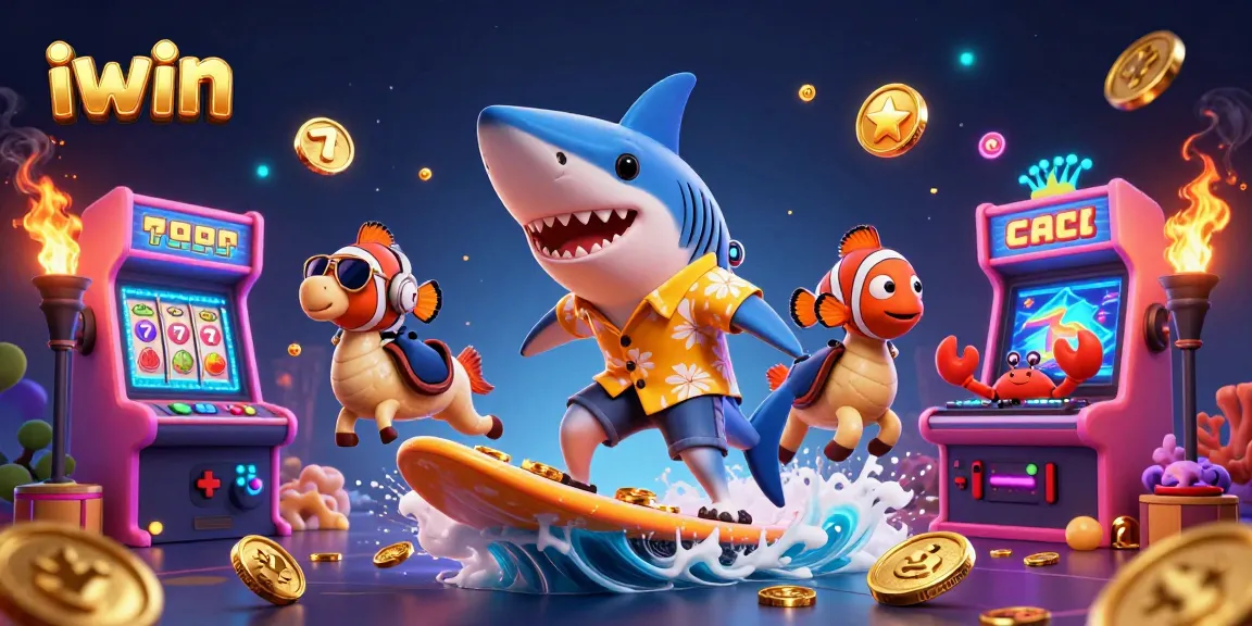Win big with iwin's vibrant casino scene featuring a shark, clownfish, and DJ crab!