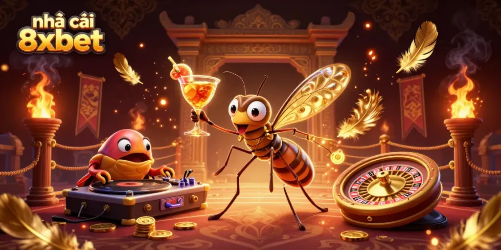 Experience the fun at nhà cái 8xbet, featuring a cartoon mosquito mascot and casino games.