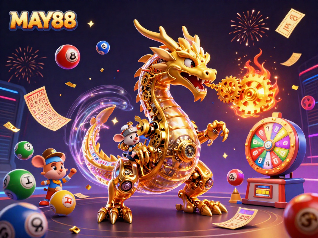MAY88 captivates with an epic scene of a golden dragon and playful lottery elements.