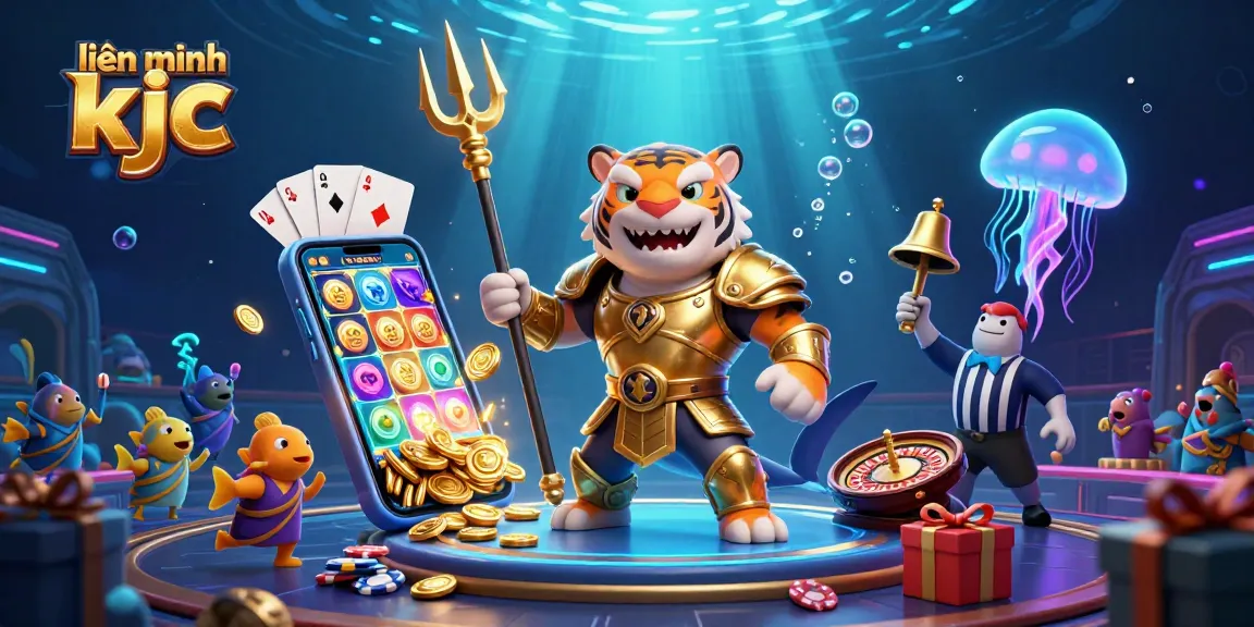Experience the dynamic underwater world of liên minh kjc with a gladiator shark amidst cheering fish, showcasing exciting gaming elements.