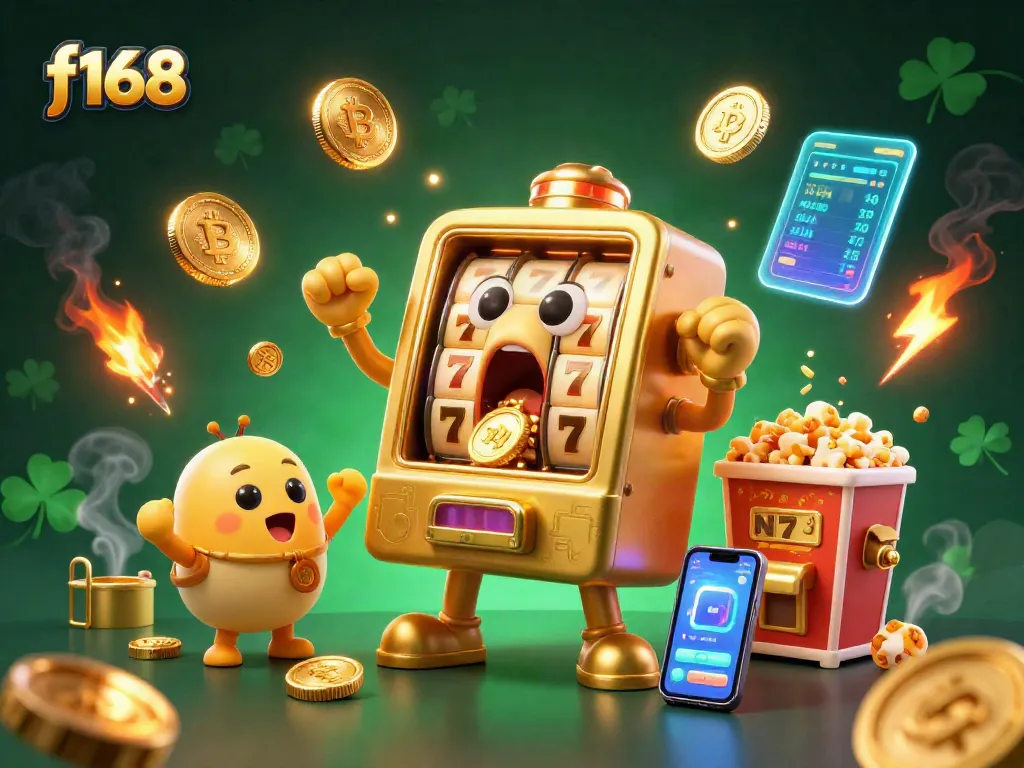 Experience the excitement of f168 with a jackpot-winning slot machine surrounded by vibrant casino elements.